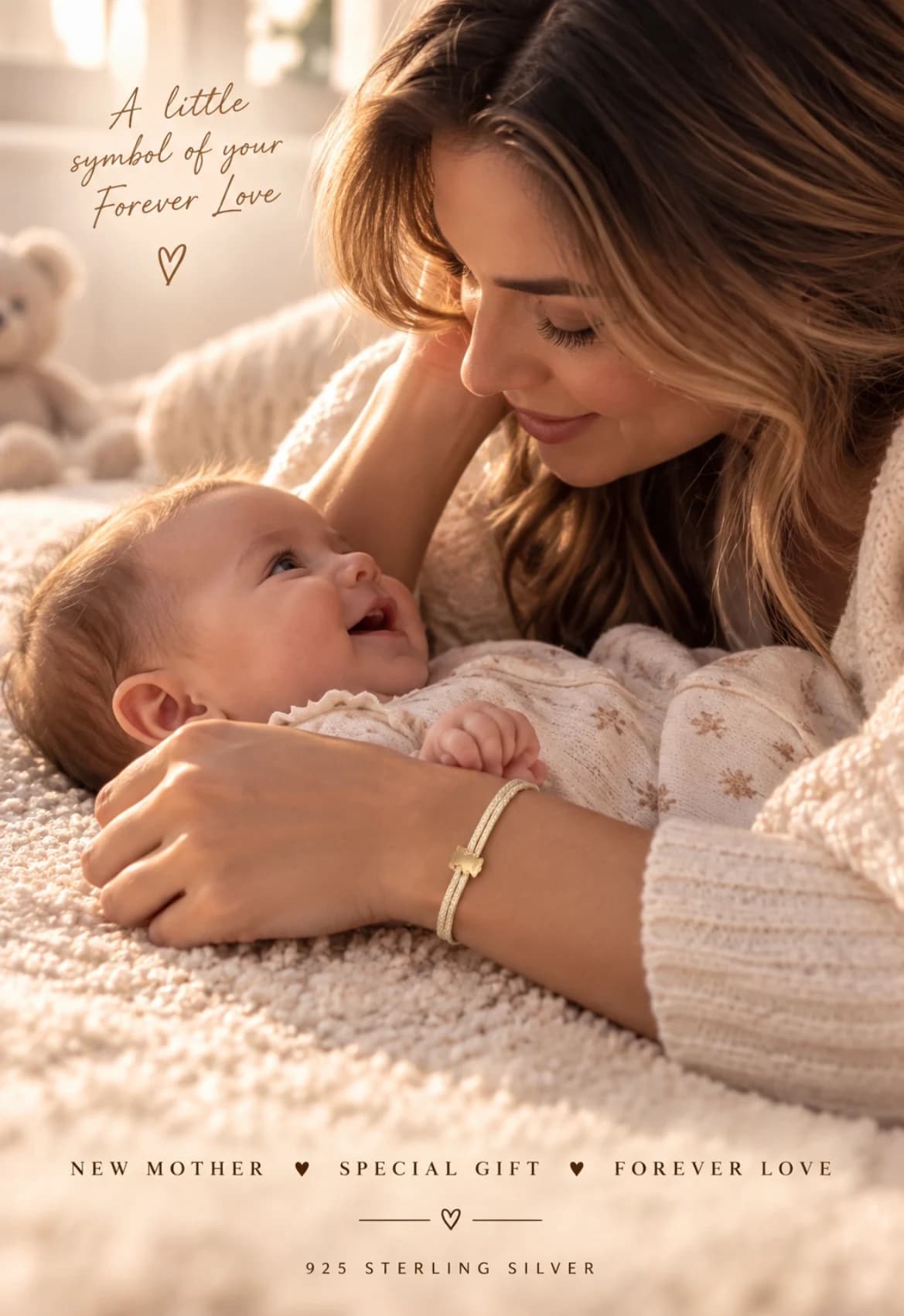New mother wearing a Forever Love bracelet while holding her baby