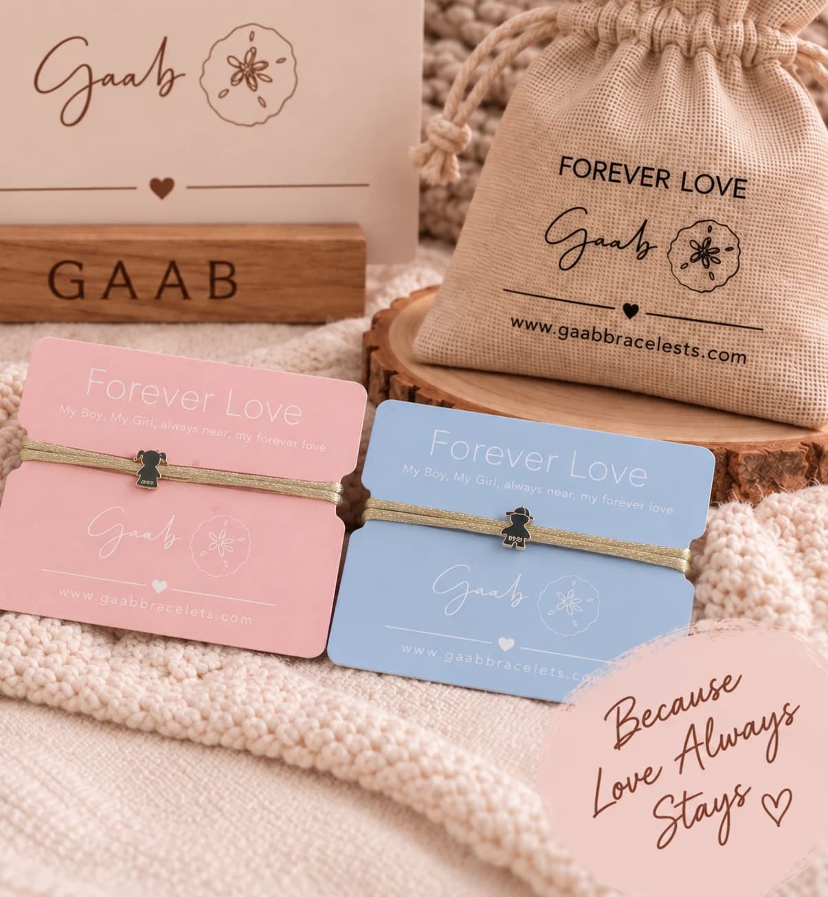 Forever Love baby boy and baby girl bracelets with their display cards and gift pouch