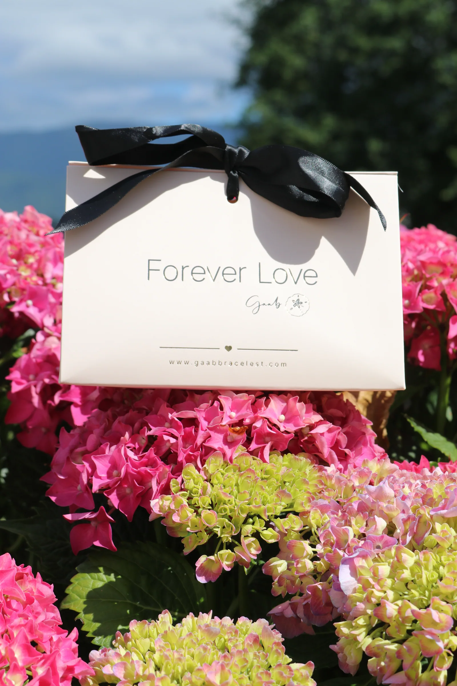 Forever Love luxury gift package among hydrangeas
